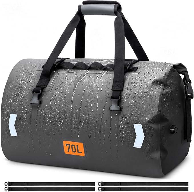 OCKLILY Waterproof Dry Bag, 70L Roll-top Motorcycle Tail Bag with Air Valve & Quick-fixed Straps, Travel Duffle Bags for Kayaking Paddle Boarding Rafting Boating Camping Riding Fishing - Grey