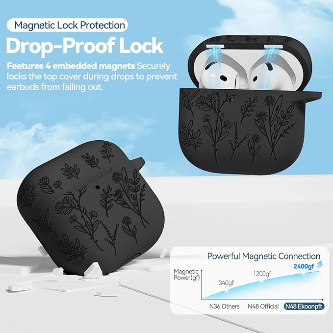 for Airpods 4 Case with Magnetic Lid, Ekoonpft Flower Engraved Cases for Apple AirPods 4th Generation 2024, Soft Silicone Cover for Women Girly with Cleaning Kit & Keychain, Shockproof