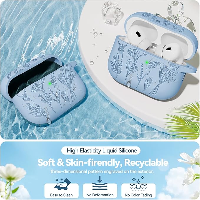 Flower Engraved Case for Apple AirPods Pro 2nd/1st Generation, Soft Silicone AirPods Pro 2 Gen Protective Cover for Women Airpod Cases with Clean Kit,Carabiner,Front LED Visible,Light Blue