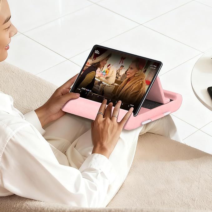 CreaDream Tablet Pillow Stand, Foldable Tablet Holder for Lap, Bed and Desk, Soft Pillow Pad with Pocket and Stylus Mount, for 4-13" Tablets, Like iPad Pro 11, 13, Air, Mini, Kindle, Galaxy Tab, Pink