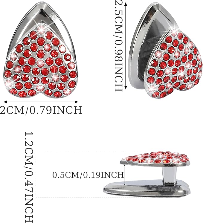 TOMALL Bling Car Hooks 4pcs Heart Shape Accessories Cute Dashboard Hook for Keys Charging Cable Multifunctional Hanging Storage Hook Universal Diamond Accessories for Car for Home DIY Decoration(Red)