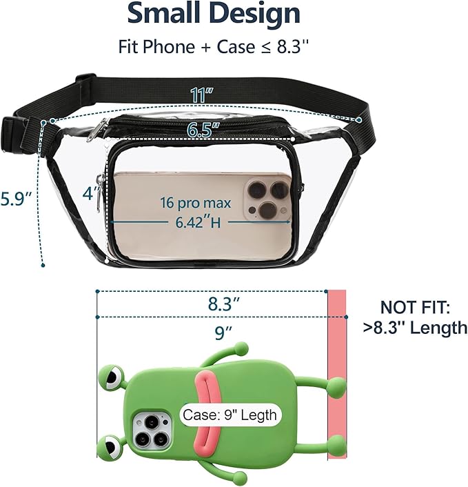 Veckle Clear Fanny Pack Stadium Approved - Adjustable 33-47 Inch Strap, Transparent Belt Bag for Women Men Fits 7.5-inch Smartphone, Waist Bag Clear Bag for Stadium Events, Sport, Concerts, Black