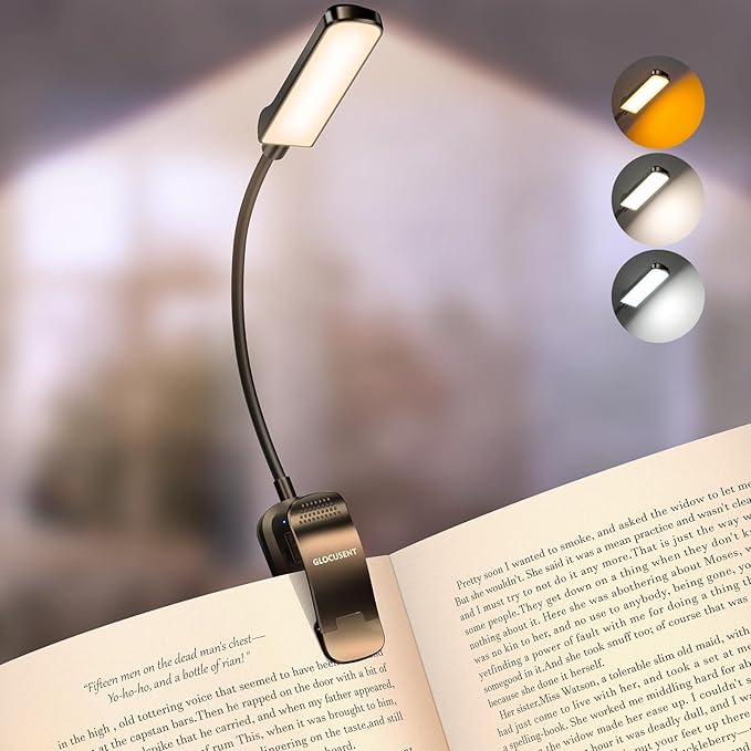 Glocusent 13 LED Rechargeable Book Light for Reading at Night, Eye-Caring 3 Amber Colors & Stepless Dimming, Lasts 1 Week to 2 Months, Travel Clip on Lamp, Gifts for Book Lovers, Men, Women & Kids
