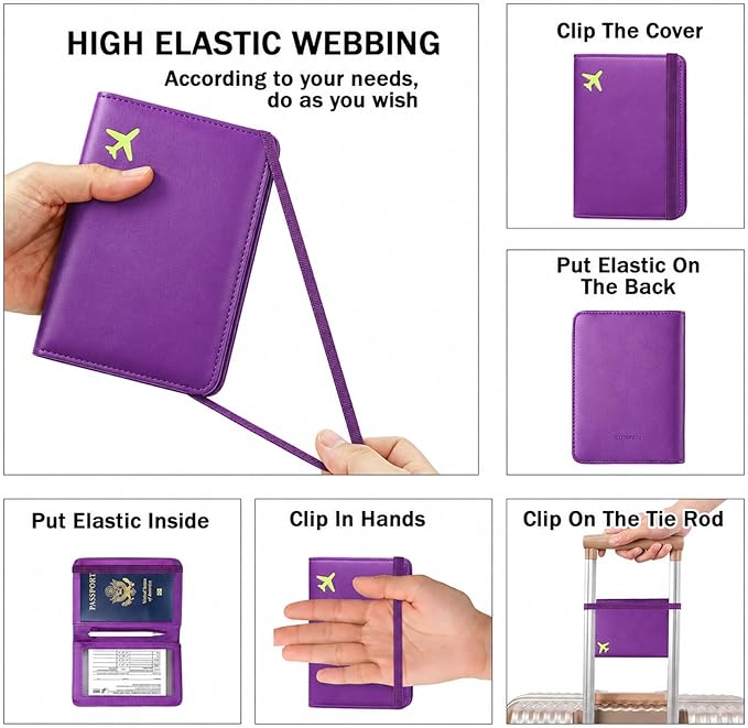 ZOPPEN RFID Blocking Passport Holder for Travel – PU Leather Waterproof Lightweight Passport Cover Wallet for Women Men, Travel Organizer with Card Slots for Airline Tickets & Passport Book, Purple