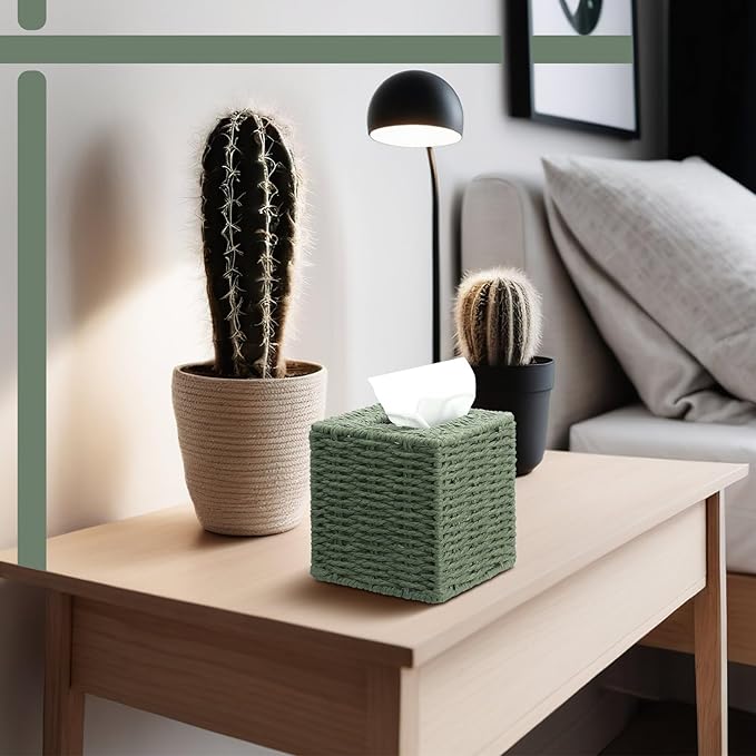 Sage Green Tissue Box Cover Square Natural Paper Rope Hand Woven Tissue Box Holder for Bathroom Living Room Bedroom Kitchen Table Desk Office Boho Home Decor