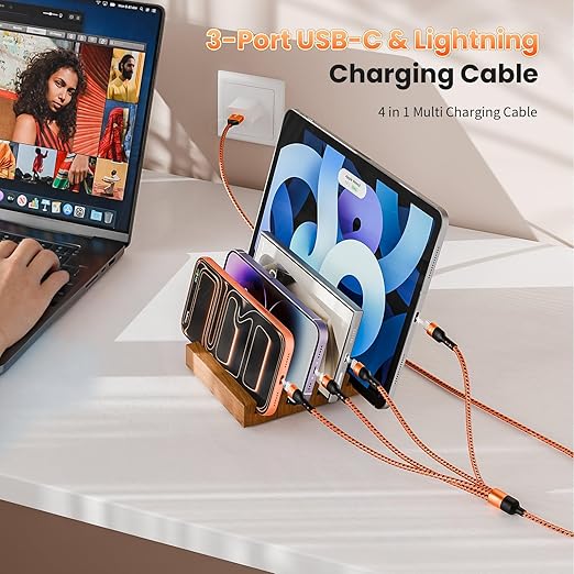 Travel Essentials, 4 in 1 Multi Charging Cable 3 USB C Chargers for iPhone 17, Multi Charger Cord with 3 Type C/IP, Compatible for iPhone 17 to 11, Android, Galaxy, iPad, Data Sync, 5 FT