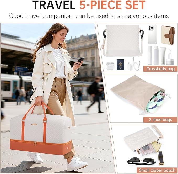 Weekender Bag for Women, 5 Pcs Set Carry on Overnight Bag, 23" Large Travel Duffel Bag with Waterproof Shoe Compartment for Weekend Travel Business Trip