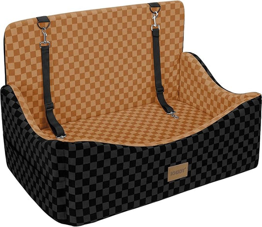 JOEJOY Dog Car Seat for Medium/Large Dogs - Reversible Dual-Sided Travel Dog Car Bed with Memory Foam, Washable Pet Booster Seat for Dogs up to 55 lbs or 2 Small Dogs, 2 Safety Leashes, Brown