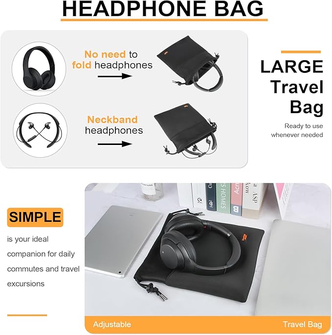 Lightweight Headphone Storage Bag, Portable Headset Carrying Pouch Headphone Case Bag Soft Travel Pouch for Over-Ear Headphones/Gaming Headsets/Neckband Earbuds (Large Black)