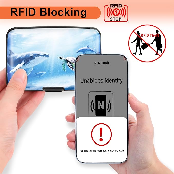Mayski Credit Card Holder, RFID Blocking, Aluminum Alloy Hard Case, Small Mini Business Metal Wallet for Women Men, Ocean
