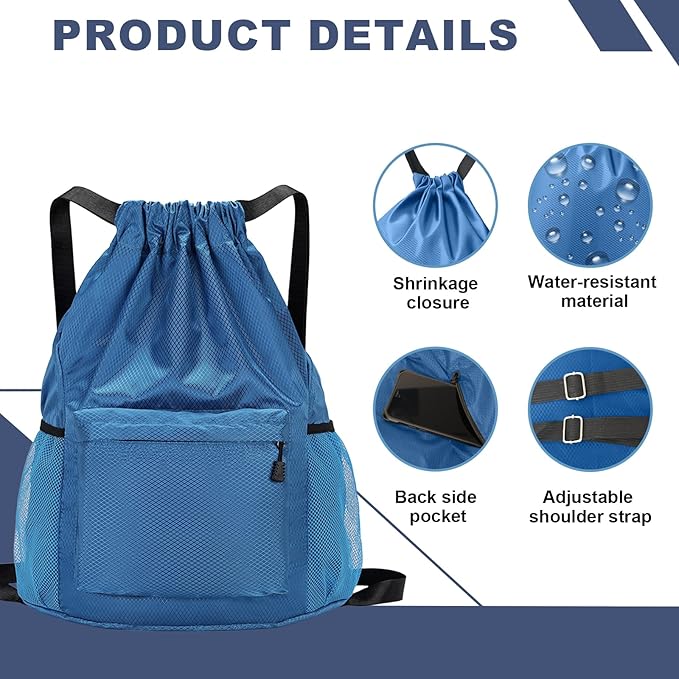Tygelluis Drawstring Backpack, Waterproof Gym Bag with Water Bottle Pocket for Women Men, Pull String Sport Bag for Swim, Soccer and Basketball,Blue