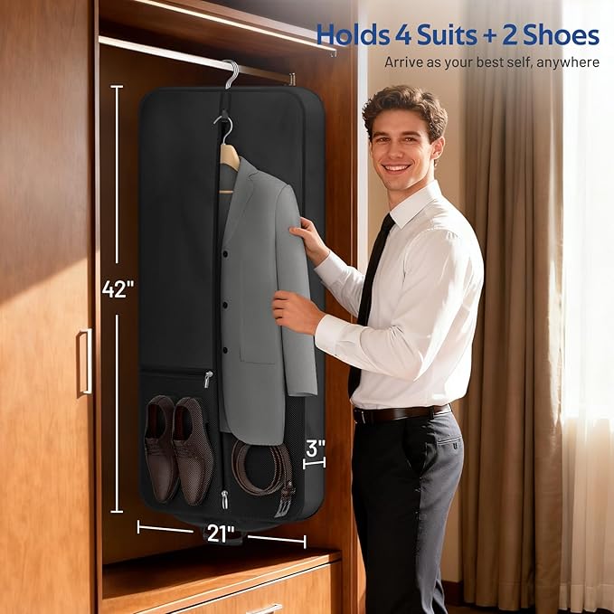 MISSLO Carry On Garment Bags for Travel with Shoe Compartment 42'' Suit Travel Bags for Men Heavy duty Fabric Luggage Hanging Bag for Clothes Suit Carrier with Shoulder Strap for Business Trips, Black