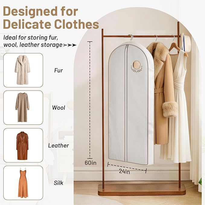 MISSLO 60" Cotton Garment Bag for Long Dress Breathable Fur Coat Storage Bag Women Dress Cover Luxury Garment Bags for Hanging Clothes Travel for Fur Coat, Jacket, Gown, Suit