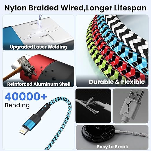 Dual Type C Port Multi Charging Cable Cord for Travel Vacation Essentials, 4 in 2 USB A/Type C/Lightning Cable for iWatch,iPhone 17-11,Xbox Series X&S,Airpods,Home,Office Car Charger, 5FT