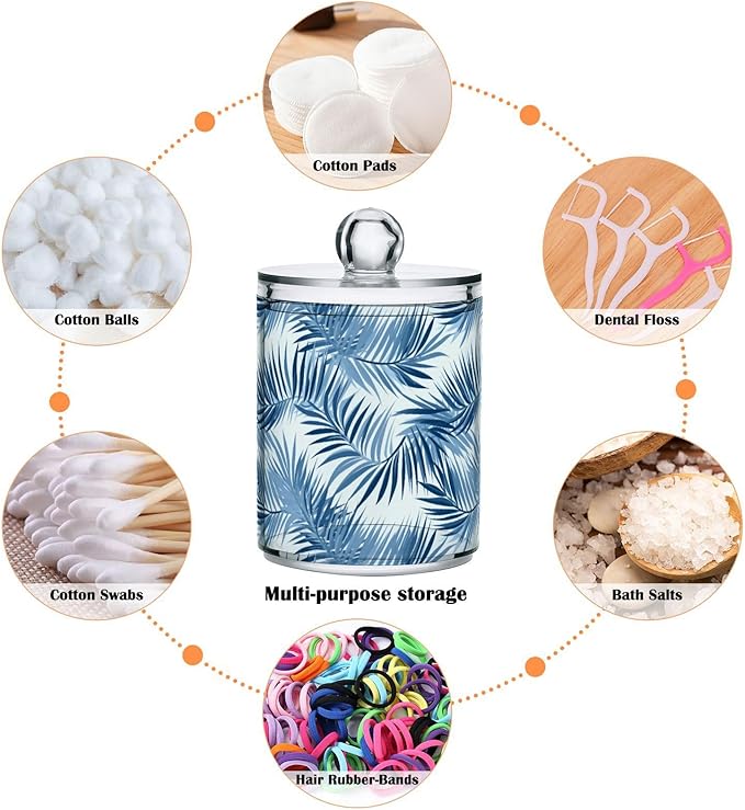 2 Pack Qtip Holder Organizer Dispenser Blue Tropical Leaves Bathroom Storage Canister Cotton Ball Holder Container for Cotton Pads/Swabs/Floss