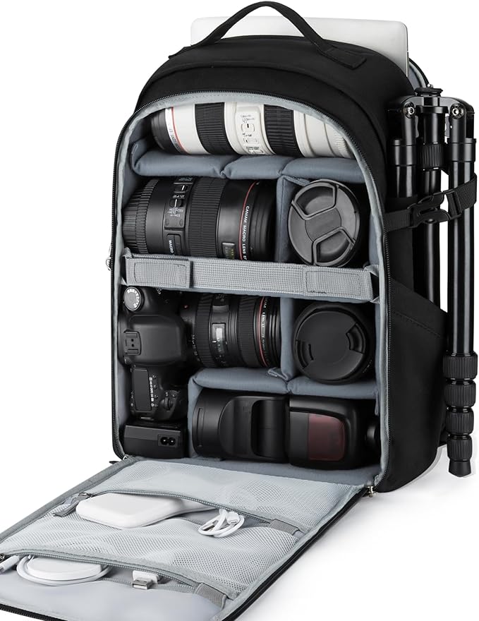 BAGSMART Camera Bag, DSLR SLR Camera Backpack Fits up to 15.6" Laptop, Camera Case for Photographers with Waterproof Rain Cover, Tripod Holder, Black