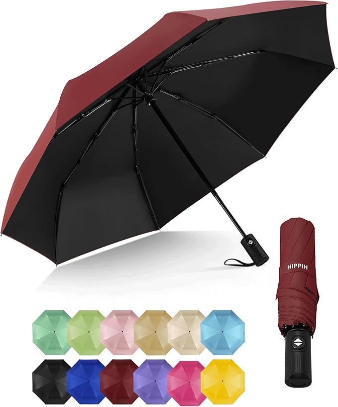 HIPPIH Compact Travel Umbrella for Rain - Windproof Automatic Umbrellas, UV Umbrella for Sun Protection with Black Anti-UV Coating, Portable Small Umbrellas for Backpack, Car, Walking, Kids, Women