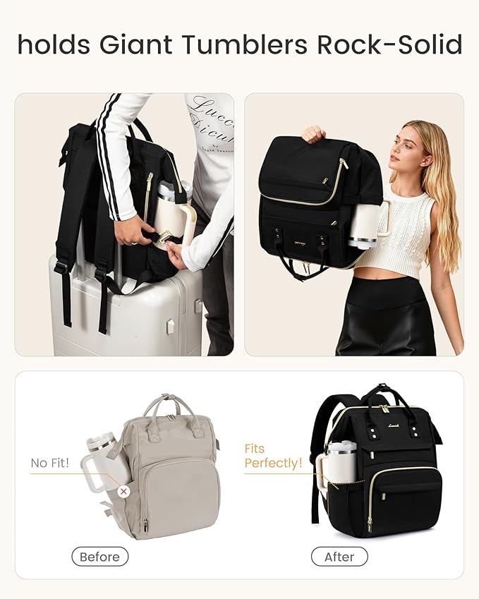 LOVEVOOK Laptop Backpack for Women with Giant Tumbler Holder Pocket,18 inch Waterproof Travel Backpack Purse Computer Laptop Bag,Professional Work College Nurse Teacher Backpack Daypack,Dark Blue