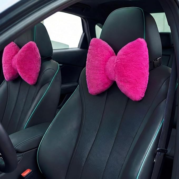 Macarrie 2 Pcs Car Neck Pillow Velvet Bow Headrest Pillow Soft Comfortable Seat Neck Support Cute Bow Car Accessories for Driving Travel Driver Chair Girl Style Interior Decor(Rose Red)