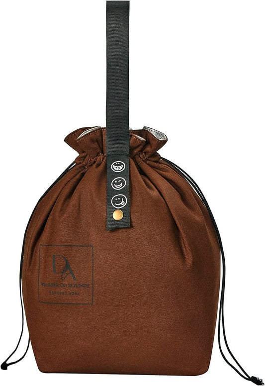Reusable Drawstring Lunch Bag,Insulated Handbag Tote bag with Handle,Lunch Sackand Drawstring Closure for Women Work Picnic or Travel (Brown)