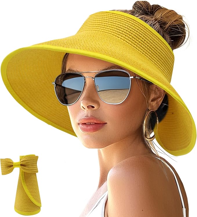NPJY Sun Hats for Women Wide Brim Roll-Up Beach Ponytail Hat Packable Foldable Travel Straw Visor
