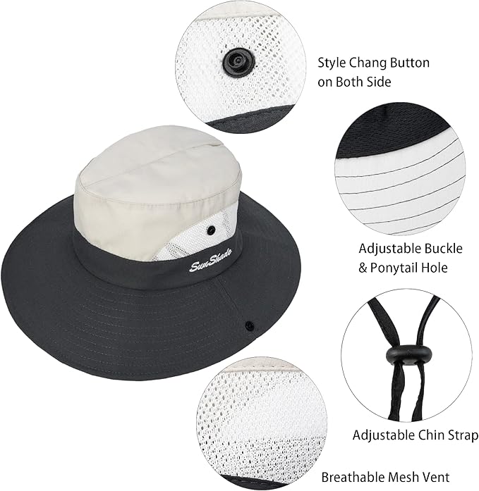 Women's Summer Sun-Hat Ponytail - Outdoor UV-Protection Mesh Wide Brim Foldable Hat with Ponytail Hole