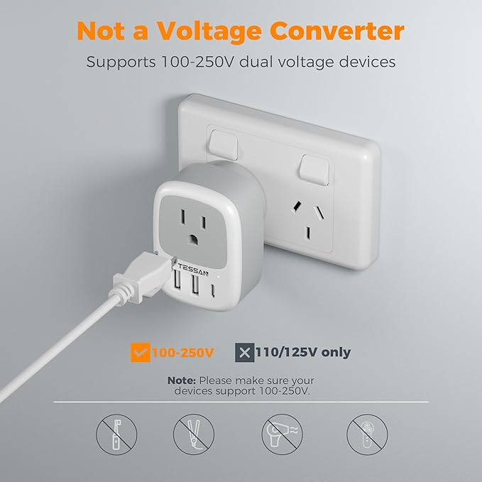 2 Pack New Zealand Power Adapter, TESSAN US to Australia Plug Adapter with 1 Electrical Outlet 3 USB Ports (1 USB C), Type I Travel Outlet Adaptor for USA to Australian Argentina China Fiji AU