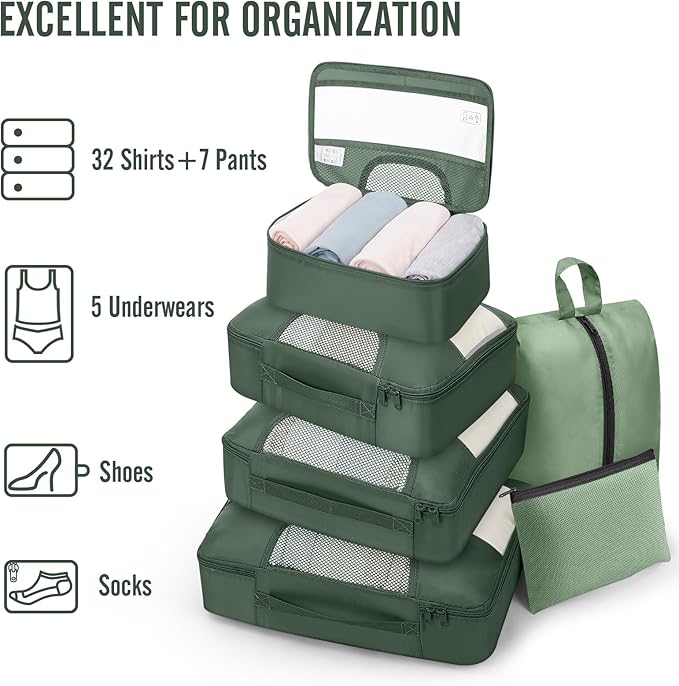 Veken 8 Set Packing Cubes for Travel Essentials,Anti-Wrinkle Buckled Suitcase Organizer for Shoe & Toiletry Bag,Carry On Luggage Bag for Airplane & College Dorm Room Accessories,Women Men Gifts