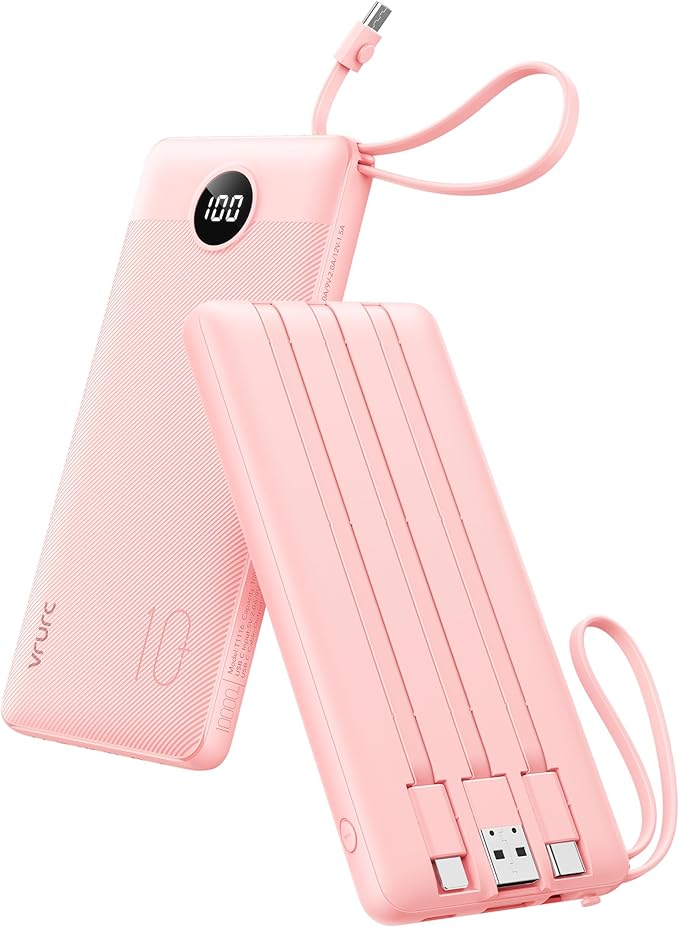 VRURC Portable Charger Power Bank, Built-in 4 Cables & 2 Ports,10000mAh Slim Battery Pack with LED Display, Travel Essential USB C Portable Phone Charger for iPhone 17 16 15, Samsung-Pink(1 Pack)