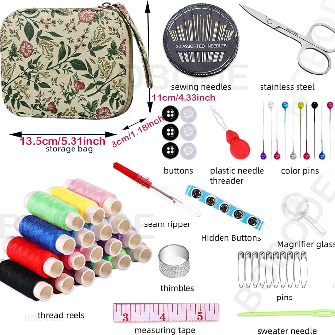 Arts Craft Printing Sewing Kit Travel Basic Small Sewing Set | Floral Pattern Sewing Kit for Adults,Emergency,Beginners Professional Sewing Supplies with 18 Colors Sewing Thread