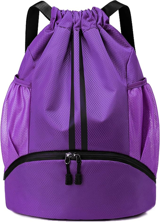JELUTAR Drawstring Backpack Gym Bag with Shoes Compartment for Soccer, Basketball, Swim, Water-Resistant String Backpack Beach Cinch for Women Men, Purple