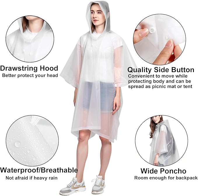 Rain Ponchos for Adults, 2 Pack Raincoats Jacket Reusbale with Drawstring Hood Sleeves for Women Men