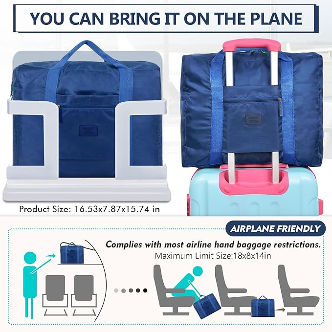 Travel Duffel Bag 2 PCS Carry on Luggage Bag Foldable Travel Tote Bag Waterproof Sports Gym Bag Lightweight Large Weekender Overnight Bag for Women and Men (Blue+Red)