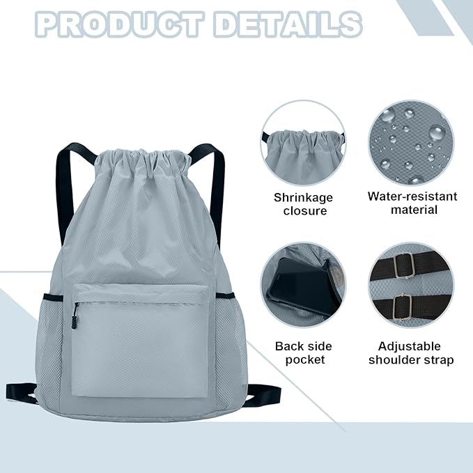 Tygelluis Drawstring Backpack, Waterproof Gym Bag with Water Bottle Pocket for Women Men, Pull String Sport Bag for Swim, Soccer and Basketball, Light Gray