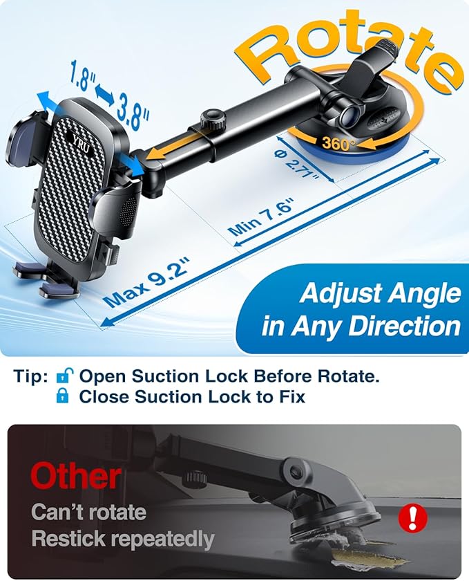 YRU True Military-Grade [360° Rotation Suction] 2026 Ultimate Car Phone Holder Mount【90+LBS Safest Strongest & Patent Certs】 Dash Windshield Vent for iPhone 17 16 Pro Max with Dash Accent,Gloss Black