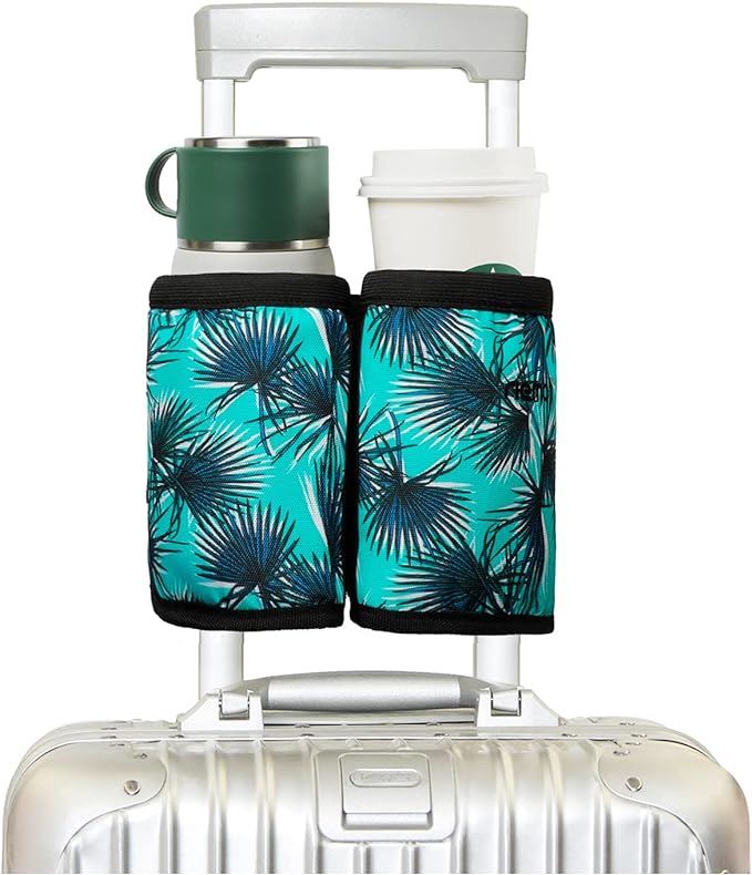 riemot Luggage Travel Cup Holder Free Hand Drink Carrier - Hold Two Coffee Mugs - Fits Roll on Suitcase Handles - Gifts for Flight Attendants Travelers Accessories Vacation Leaf