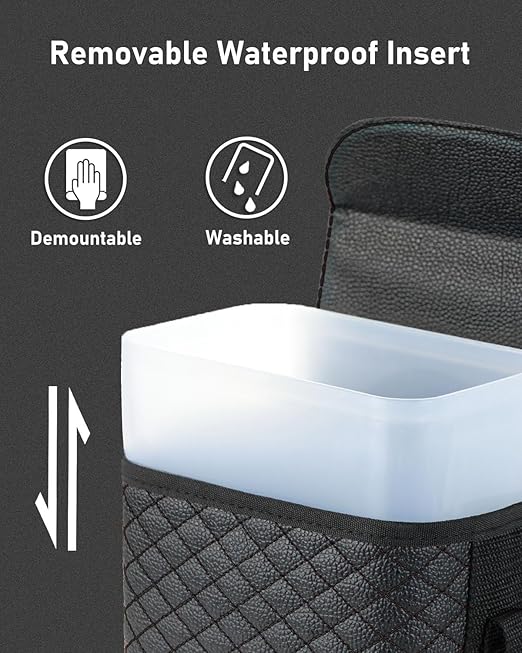 BELINOUS Leather Car Trash Can with Matching Tissue Holder, Waterproof and Leakproof Mini Car Trash Can with Lid, Small Garbage Bin with Adjustable Strap