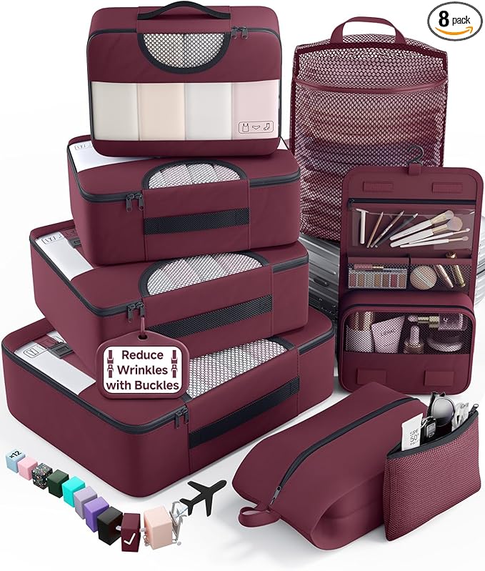Veken 8 Set Packing Cubes for Travel Essentials,Anti-Wrinkle Buckled Suitcase Organizer for Shoe & Toiletry Bag,Carry On Luggage Bag for Airplane & College Dorm Room Accessories,Women Men Gifts,Wine