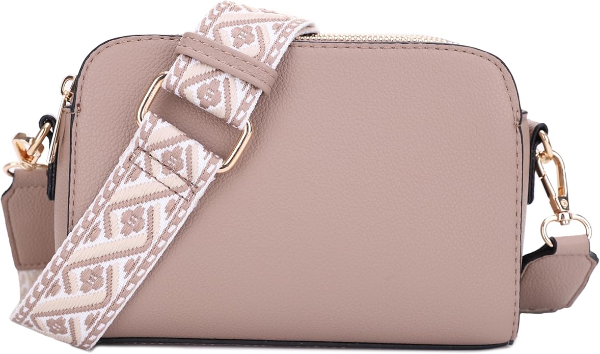 EVVE Crossbody Bags for Women Trendy Triple Zip Small Crossbody Camera Bag Purse with Wide Guitar Strap
