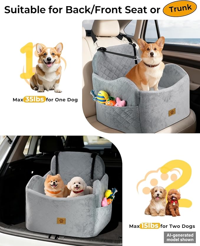 Dog Car Seat for Small/Medium Dogs, Detachable Washable Dog Booster Car Seat Under 35lbs, High-Support Memory Foam,Travel Bed with Storage Pockets