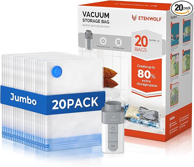 ETENWOLF 20 Pack Jumbo Vacuum Storage Bags with Rechargeable Wireless Pump, Vacuum Seal Bags for Clothes and Travel, Space Saver Compression Bags for Bedding, Blankets and Comforters(39.4 x 27.6 in)
