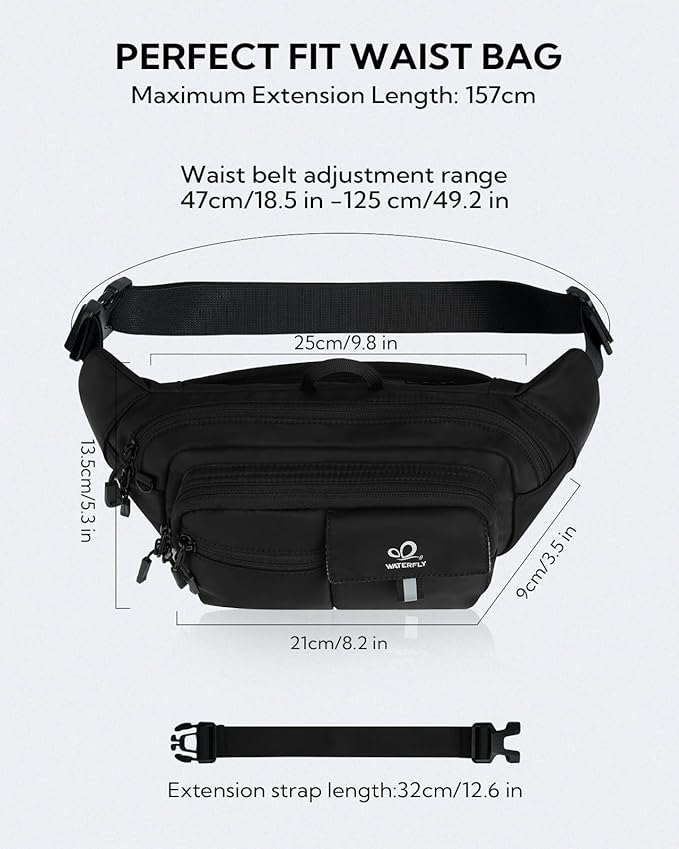WATERFLY Fanny Pack Waist Bag: 3L Waist Pack with Anti-Theft RFID Blocking, 9 Pockets & Adjustable Belt Water Resistant Hip Pack for Women Men Travel Hiking Running