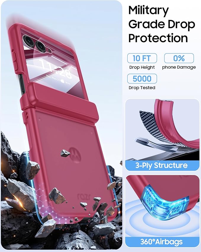 for Motorola Razr+ Plus 2026,Razr+ Plus 2025/2024 Case with Hinge Protection, Screen Protector, Skin Feel Translucent Frosted, Shockproof Cover for Razr+ 2026/2025/2024-Rose Red
