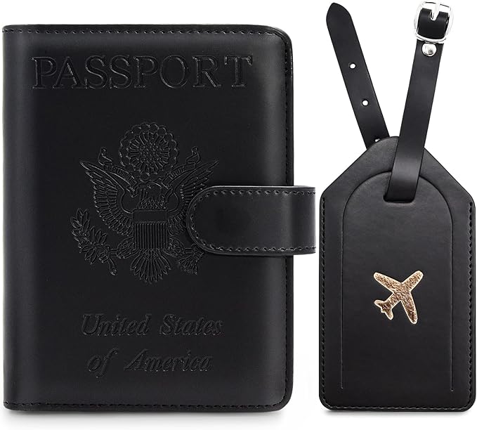 Passport Holder for Travel with Luggage Tag Cover – RFID Blocking Passport Wallet for Women & Men | Leather Passport Cover/Passport Case with Extra Money Pocket & Magnetic Clasp – Black