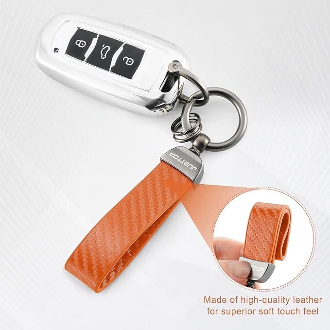 JUSTTOP Leather Keychain, Carbon Fiber Car Key Chain with Anti-Lost D-Ring and 2 Key Ring, Keychain Wristlet, Car Accessories, Universal Keychain for Men and Women (Orange)
