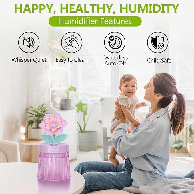 260ml Flower Mini Humidifier, Purple Gardenia Desktop Small Humidifiers, Personal Cool Mist Humidification, USB Desk Humidifier for Bedroom, Office, Travel & Indoor Plants