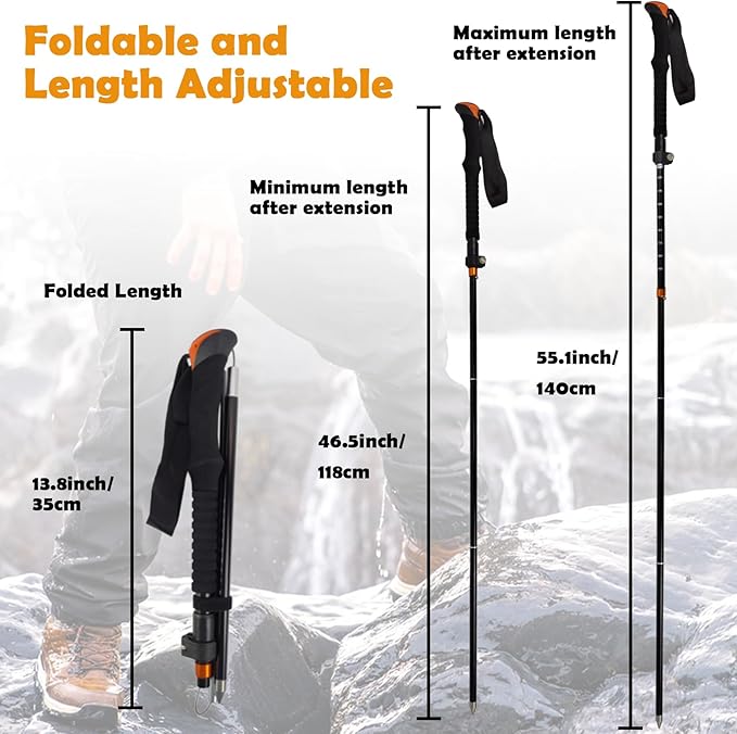 Aventik Fold-able Wading Staff Water Depth Safety Warning Sign Coated Stainless Steel Core T7075 Aluminum Body Corrosion Resistance Neoprene Sheath