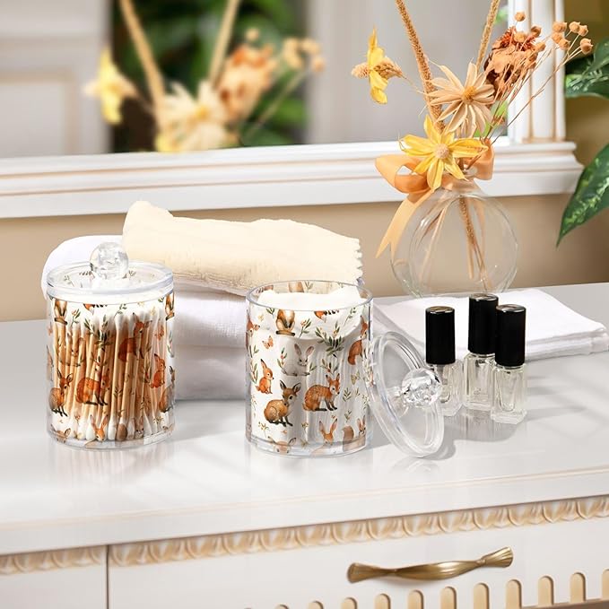 2 Pack Qtip Holder Organizer Dispenser Watercolor Woodland Animals Bathroom Storage Canister Cotton Ball Holder Container for Cotton Pads/Swabs/Floss