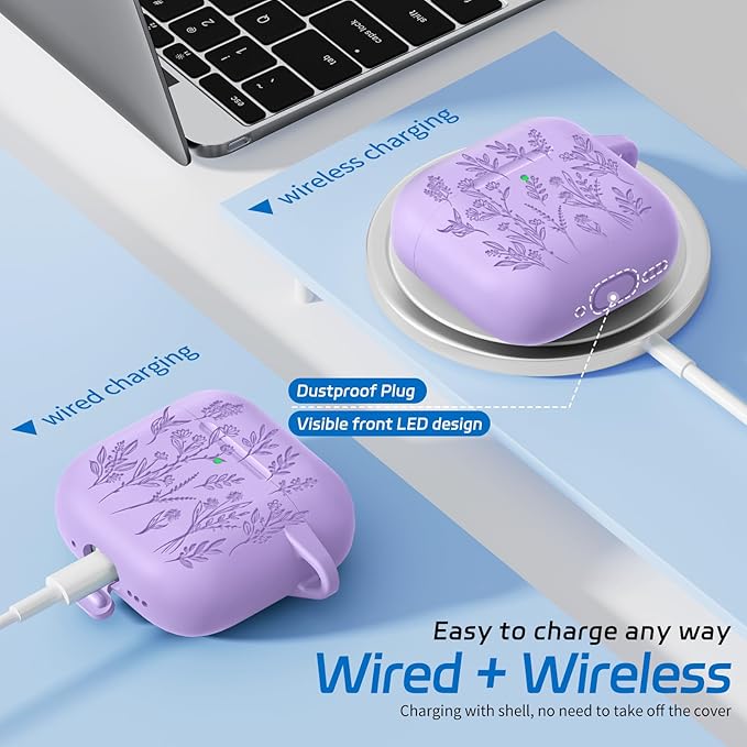 for Airpods 4 Case, Ekoonpft Flower Engraved Cases for Apple AirPods 4th Generation 2024, Soft Silicone Cover for Women Girly with 3-in-1 Cleaner Kit, Keychain, Military Grade Protection