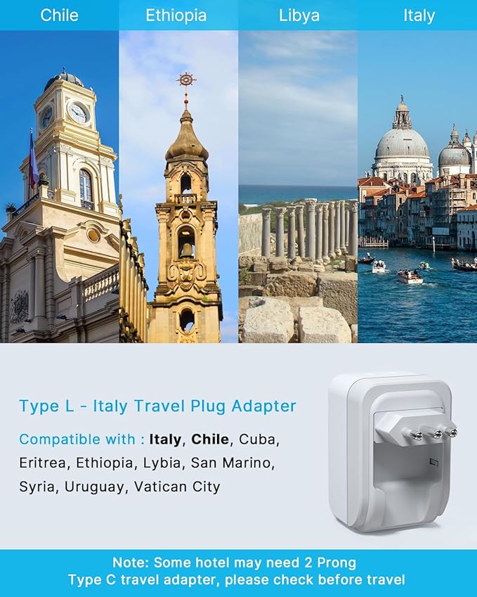 1 Pack Italy Travel Plug Adapter, VINTAR 5 in 1 Foldable Italy Power Adapter with 17W 3 USB Ports(2 USB C) and 2 American Outlets, 3 Prong Grounded Type L Adapter for US to Italy Rome Uruguay Chile